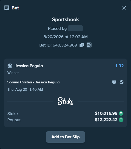 Bet slip: Sorana Cirstea - Jessica Pegula, $10,027.00 stake at 1.32 odds, placed by Nicolerrk