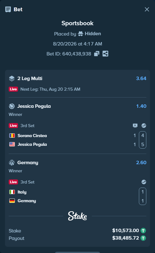 Bet slip: Sorana Cirstea - Jessica Pegula, $10,573.00 stake at 1.40 odds, placed by Hidden