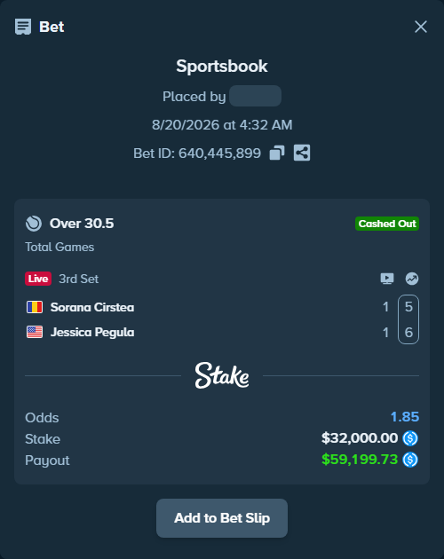 Bet slip: Sorana Cirstea - Jessica Pegula, $32,000.00 stake at 2.80 odds, placed by kuwkuw