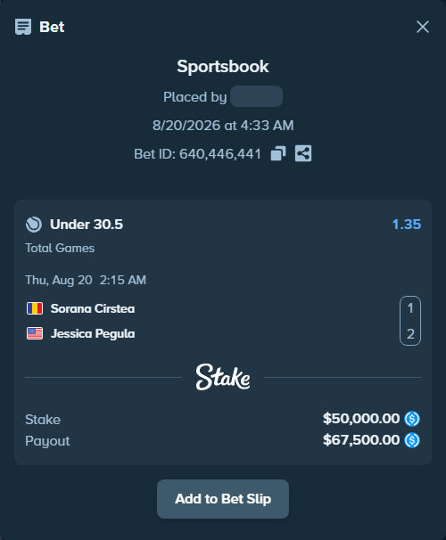 Bet slip: Sorana Cirstea - Jessica Pegula, $50,000.00 stake at 1.35 odds, placed by kuwkuw