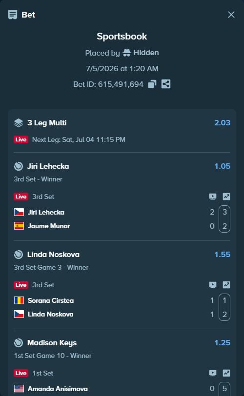 Bet slip: Sorana Cirstea - Linda Noskova, $15,000.00 stake at 1.55 odds, placed by Hidden