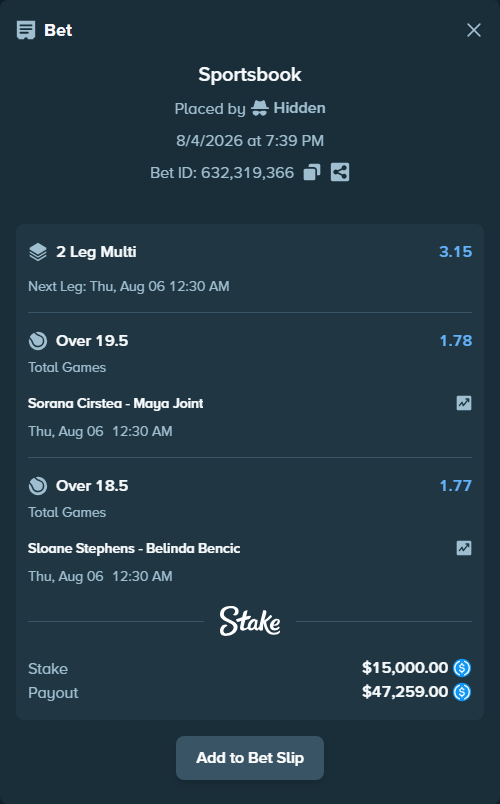 Bet slip: Sorana Cirstea - Maya Joint, $15,000.00 stake at 1.78 odds, placed by Hidden