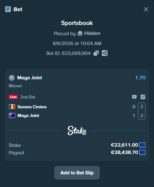 Bet slip: Sorana Cirstea - Maya Joint, $24,419.88 stake at 1.70 odds, placed by Hidden