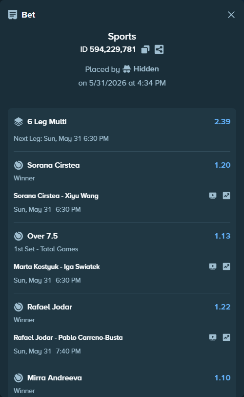 Bet slip: Sorana Cirstea - Xiyu Wang, $25,102.59 stake at 1.20 odds, placed by Hidden
