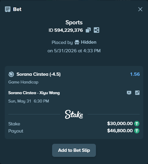 Bet slip: Sorana Cirstea - Xiyu Wang, $30,030.00 stake at 1.56 odds, placed by Hidden