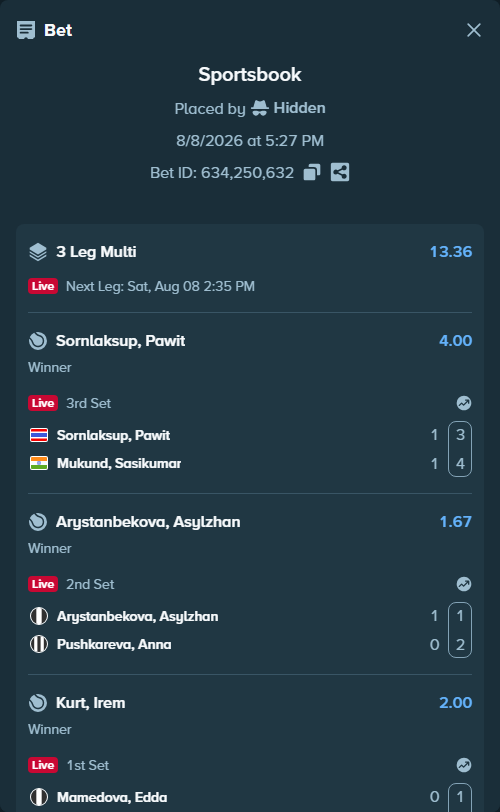 Bet slip: Sornlaksup, Pawit - Mukund, Sasikumar, $10,000.00 stake at 4.00 odds, placed by Hidden