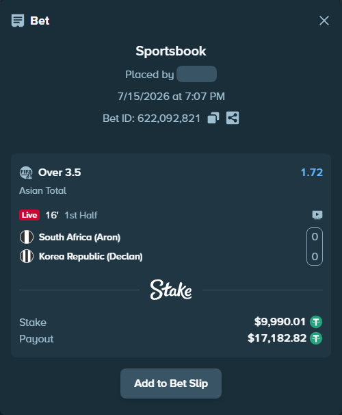 Bet slip: South Africa (Aron) - Korea Republic (Declan), $10,000.00 stake at 1.72 odds, placed by wswrj2008