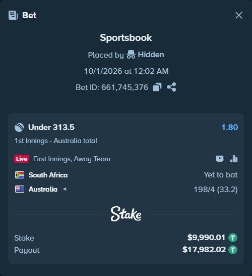 Bet slip: South Africa - Australia, $10,000.00 stake at 1.80 odds, placed by Hidden