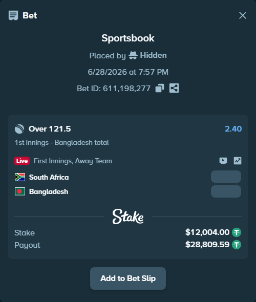 Bet slip: South Africa - Bangladesh, $12,016.00 stake at 2.40 odds, placed by Hidden