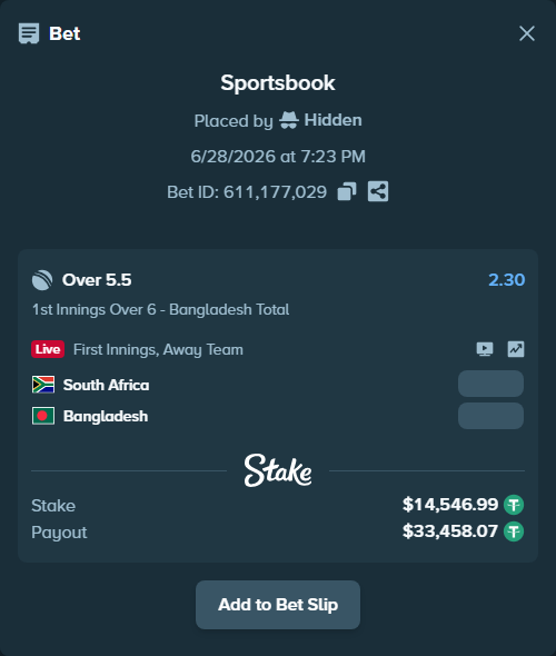 Bet slip: South Africa - Bangladesh, $14,561.53 stake at 2.30 odds, placed by Hidden