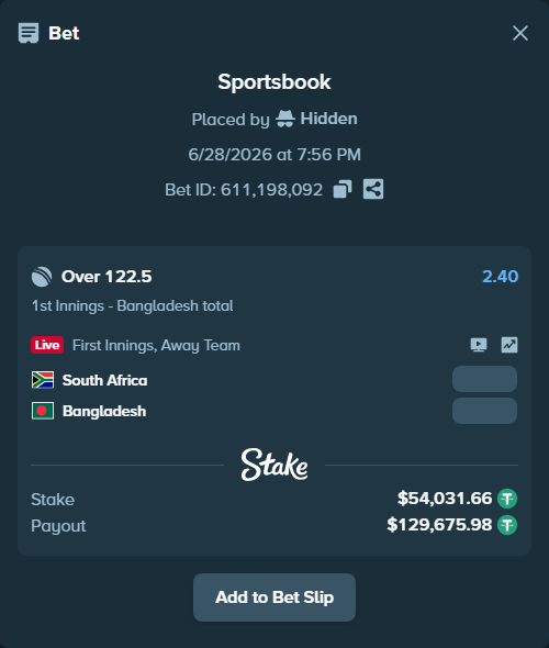 Bet slip: South Africa - Bangladesh, $54,085.69 stake at 2.40 odds, placed by Hidden