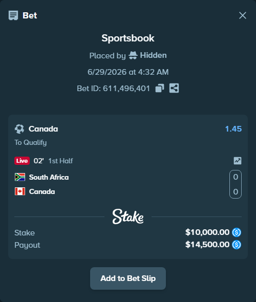 Bet slip: South Africa - Canada, $10,000.00 stake at 1.45 odds, placed by Hidden