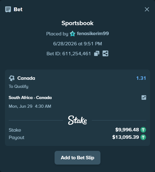 Bet slip: South Africa - Canada, $10,006.47 stake at 1.31 odds, placed by fenasikerim99