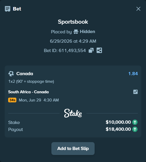Bet slip: South Africa - Canada, $10,010.00 stake at 1.84 odds, placed by Hidden