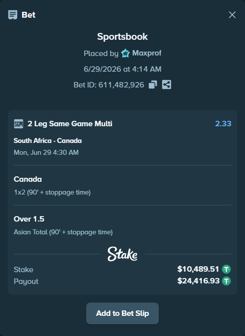 Bet slip: South Africa - Canada, $10,500.00 stake at 1.84 odds, placed by Maxprof