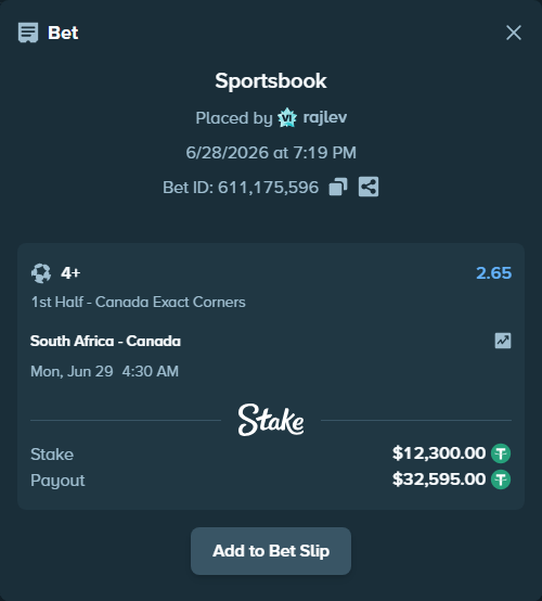 Bet slip: South Africa - Canada, $12,312.30 stake at 2.65 odds, placed by rajlev