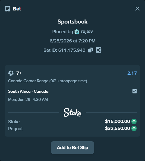 Bet slip: South Africa - Canada, $15,015.00 stake at 2.17 odds, placed by rajlev