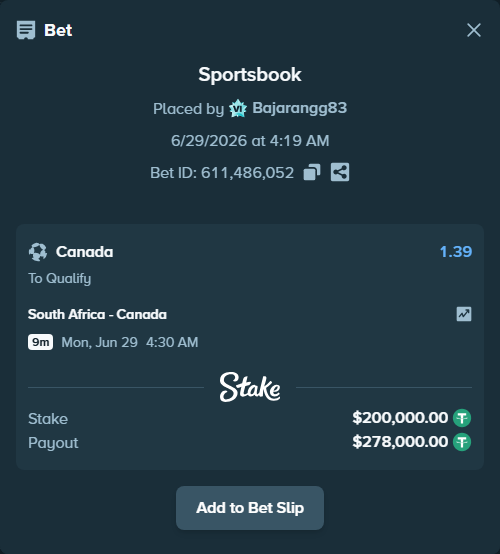 Bet slip: South Africa - Canada, $200,200.00 stake at 1.39 odds, placed by Bajarangg83