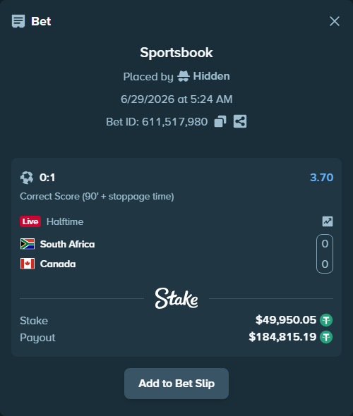 Bet slip: South Africa - Canada, $50,000.00 stake at 3.70 odds, placed by Hidden