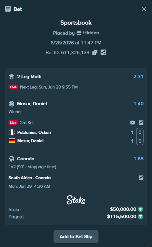 Bet slip: South Africa - Canada, $50,050.00 stake at 1.65 odds, placed by Hidden