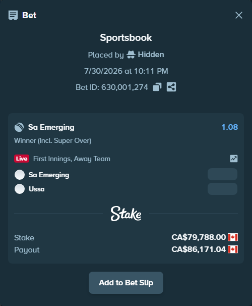 Bet slip: South Africa Emerging - Ussa, $59,043.12 stake at 1.08 odds, placed by Hidden