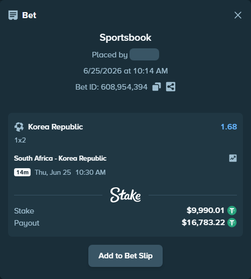 Bet slip: South Africa - Korea Republic, $10,000.00 stake at 1.68 odds, placed by Yuse1508