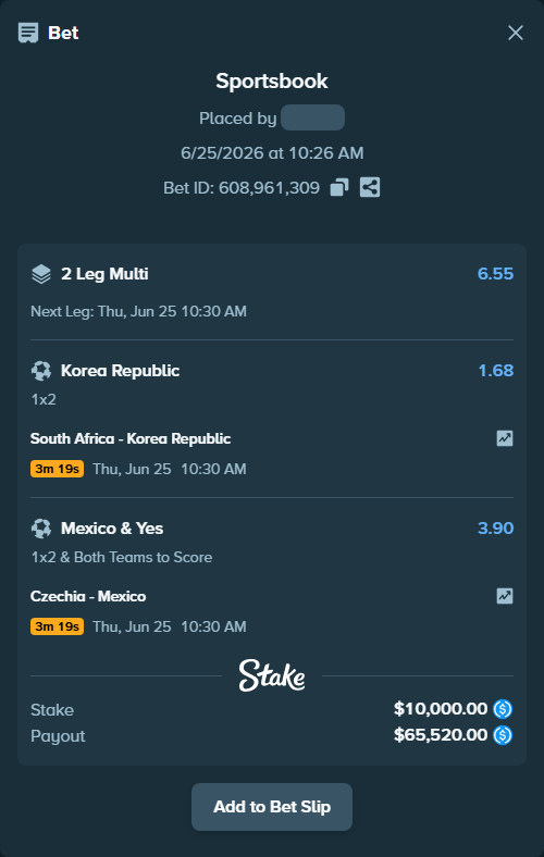 Bet slip: South Africa - Korea Republic, $10,000.00 stake at 1.68 odds, placed by Cabrzy