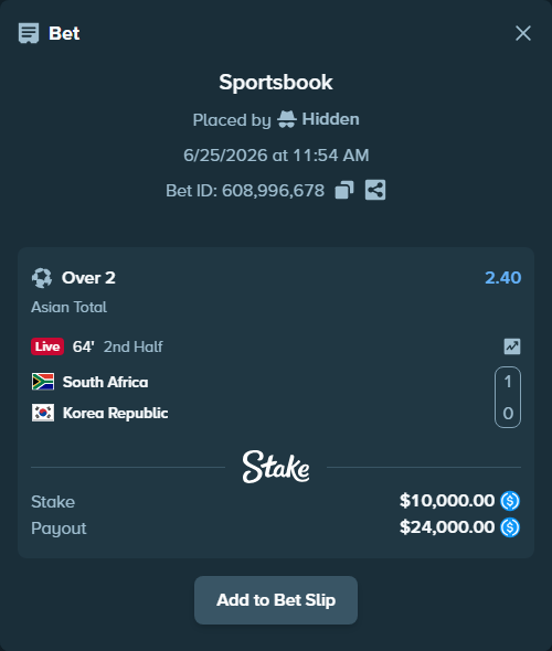 Bet slip: South Africa - Korea Republic, $10,000.00 stake at 2.40 odds, placed by Hidden