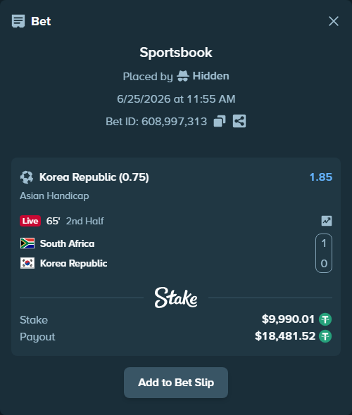 Bet slip: South Africa - Korea Republic, $10,000.00 stake at 1.85 odds, placed by Hidden