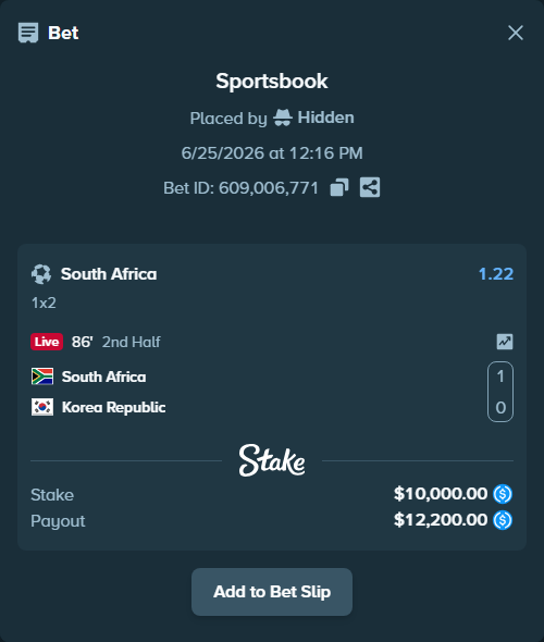 Bet slip: South Africa - Korea Republic, $10,000.00 stake at 1.22 odds, placed by Hidden