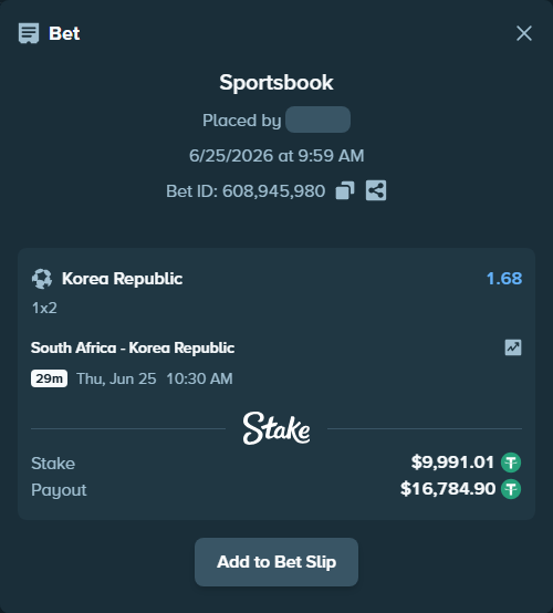Bet slip: South Africa - Korea Republic, $10,001.00 stake at 1.68 odds, placed by YasutakaNakano