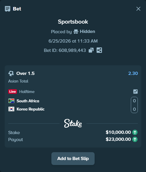 Bet slip: South Africa - Korea Republic, $10,010.00 stake at 2.30 odds, placed by Hidden