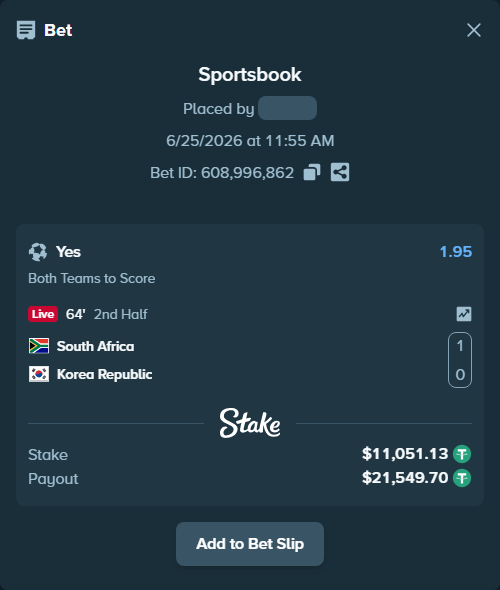 Bet slip: South Africa - Korea Republic, $11,062.18 stake at 1.95 odds, placed by rkddl1