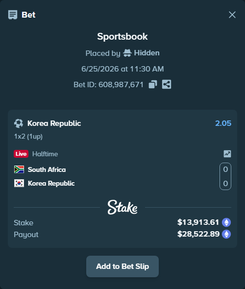 Bet slip: South Africa - Korea Republic, $13,539.41 stake at 2.05 odds, placed by Hidden