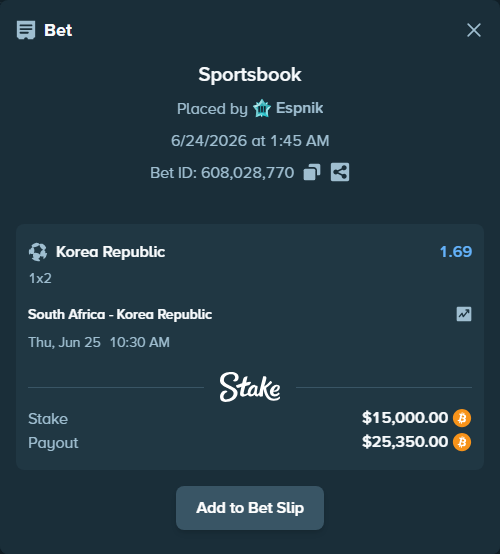 Bet slip: South Africa - Korea Republic, $14,238.79 stake at 1.69 odds, placed by Espnik