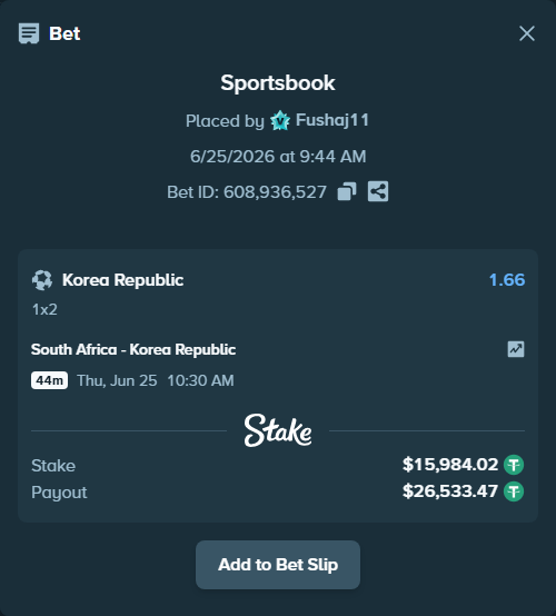 Bet slip: South Africa - Korea Republic, $16,000.00 stake at 1.66 odds, placed by Fushaj11