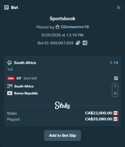 Bet slip: South Africa - Korea Republic, $16,280.00 stake at 1.14 odds, placed by DZertwarrior18