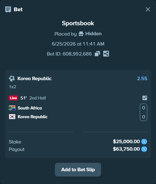 Bet slip: South Africa - Korea Republic, $25,000.00 stake at 2.55 odds, placed by Hidden