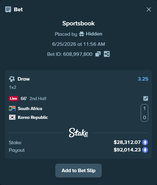 Bet slip: South Africa - Korea Republic, $28,200.98 stake at 3.25 odds, placed by Hidden