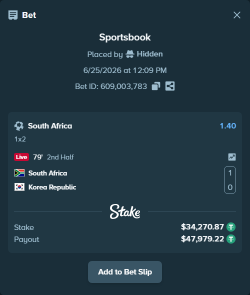 Bet slip: South Africa - Korea Republic, $34,305.14 stake at 1.40 odds, placed by Hidden