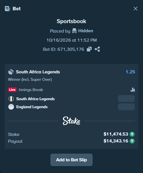 Bet slip: South Africa Legends - England Legends, $11,486.00 stake at 1.25 odds, placed by Robel345345