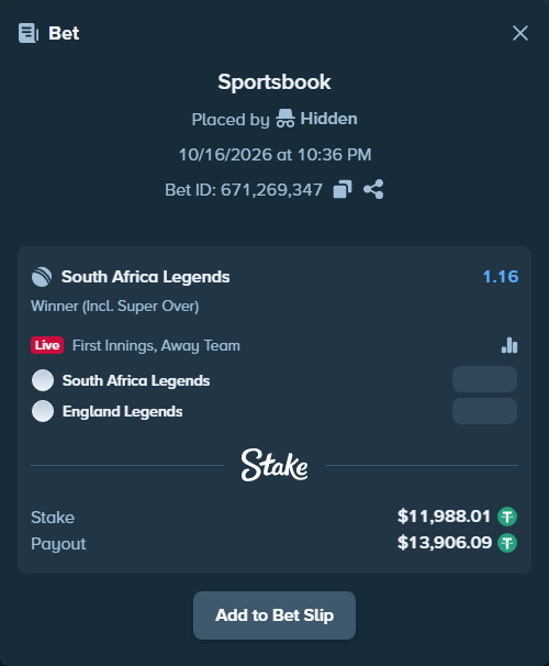Bet slip: South Africa Legends - England Legends, $12,000.00 stake at 1.16 odds, placed by Robel345345