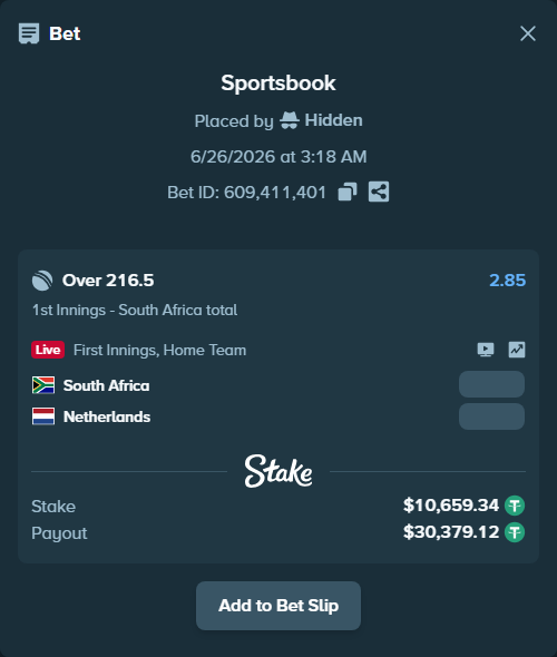 Bet slip: South Africa - Netherlands, $10,670.00 stake at 2.85 odds, placed by Hidden
