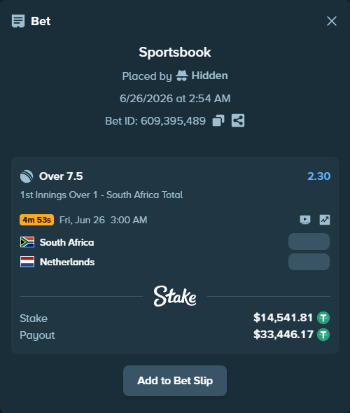 Bet slip: South Africa - Netherlands, $14,556.35 stake at 2.30 odds, placed by Hidden