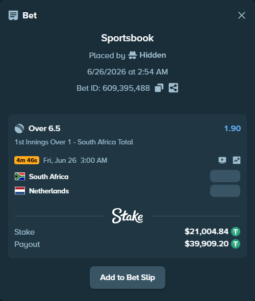 Bet slip: South Africa - Netherlands, $21,025.84 stake at 1.90 odds, placed by Hidden