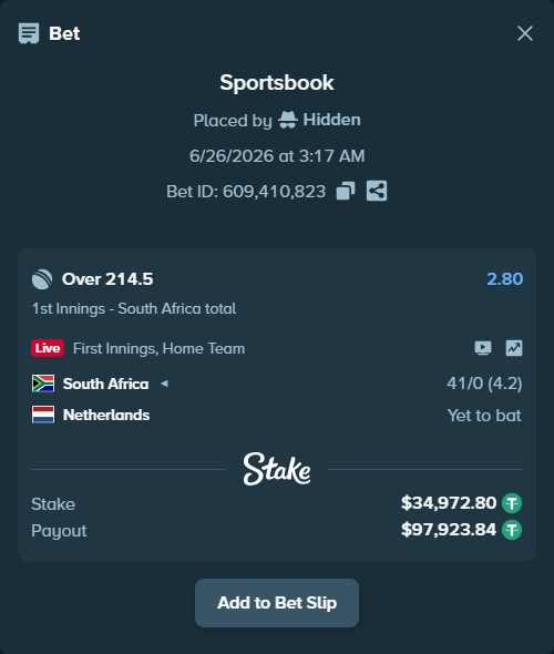 Bet slip: South Africa - Netherlands, $35,007.77 stake at 2.80 odds, placed by Hidden