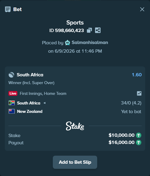 Bet slip: South Africa - New Zealand, $10,010.00 stake at 1.60 odds, placed by Salmanhisalman