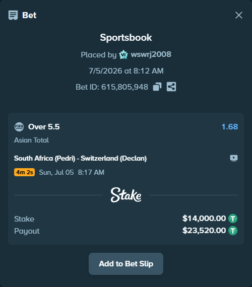 Bet slip: South Africa (Pedri) - Switzerland (Declan), $14,000.00 stake at 1.68 odds, placed by wswrj2008