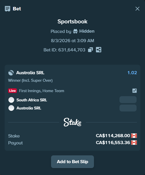 Bet slip: South Africa SRL - Australia SRL, $84,558.32 stake at 1.02 odds, placed by Hidden