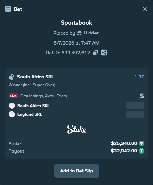 Bet slip: South Africa SRL - England SRL, $25,365.34 stake at 1.30 odds, placed by Hidden